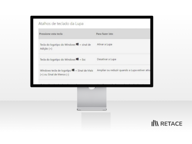 Tela com alguns exemplos de atalhos de acessibilidade para Windows